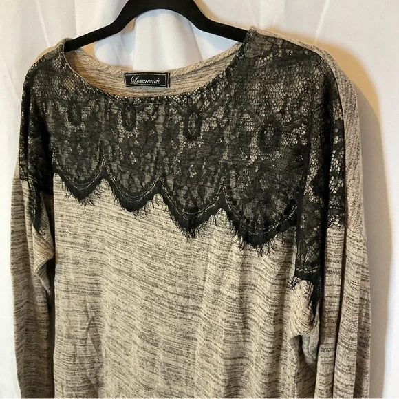 Loramendi Women’s Long Sleeve Heathered Oatmeal color with Black lace trim XL - Picture 10 of 16